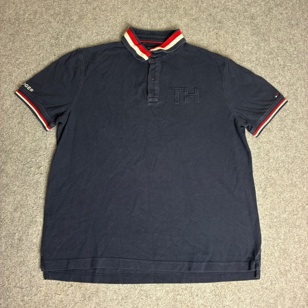 Tommy Hilfiger Mens Large Navy Blue TH Logo Short Sleeve Tipped Polo Shirt